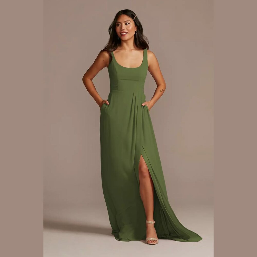 David's Bridal Chiffon Tank Scoop Neck Dress - Martini Olive - Size 6
